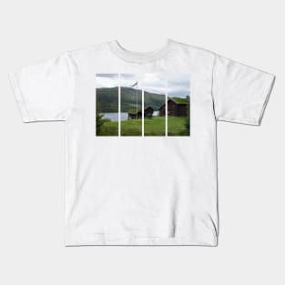 Wonderful landscapes in Norway. Vestland. Beautiful scenery of houses with grass roof. Norwegian traditional architecture Mountains, trees and snow in background. Cloudy day Kids T-Shirt